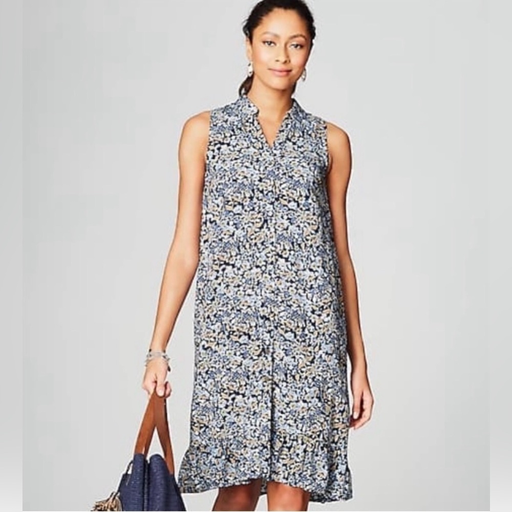 J. Jill Ruffled Hem Blue Floral Button Shirt Dress Size Small Petite